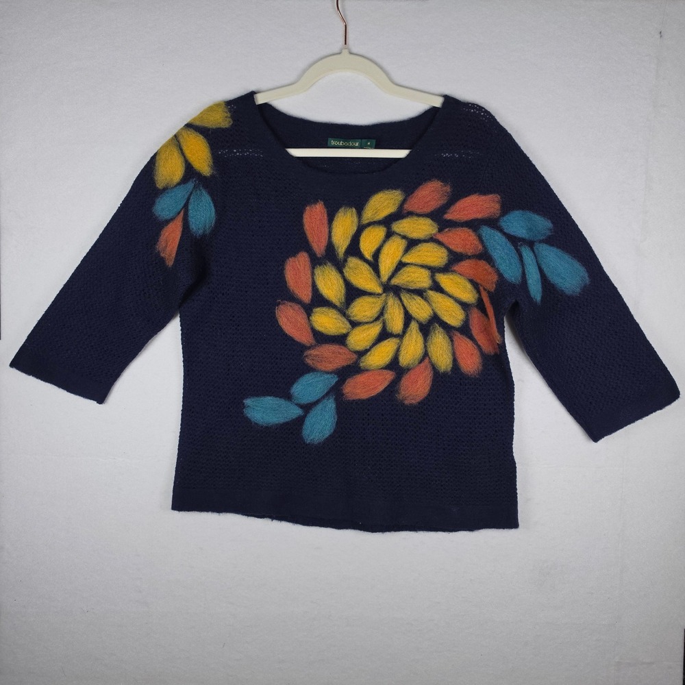 Troubadour Spiral Flower Wool Sweater M Navy Felted Blossom